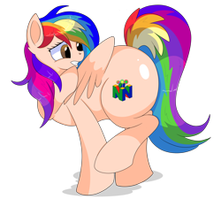 Size: 9000x8100 | Tagged: safe, artist:rainbowtashie, derpibooru import, oc, oc:candy clumsy, oc:rainbow candy, oc:rainbow tashie, earth pony, pegasus, pony, butt, commissioner:bigonionbean, cutie mark, female, foal, fusion, fusion:rainbow candy, horn, large butt, mare, nintendo, nintendo 64, simple background, the ass was fat, transparent background, wings, writer:bigonionbean