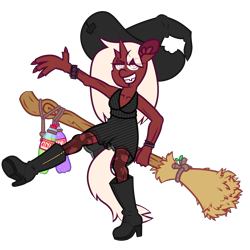 Size: 8000x8000 | Tagged: safe, artist:threetwotwo32232, derpibooru import, oc, oc only, oc:humor, anthro, unicorn, anorexic, broom, female, horn, mare, multiple horns, simple background, solo, transparent background, witch