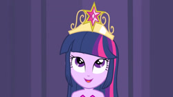 Size: 3410x1920 | Tagged: safe, derpibooru import, screencap, twilight sparkle, equestria girls, equestria girls (movie), bare shoulders, big crown thingy, element of magic, fall formal outfits, female, high res, jewelry, open mouth, open smile, regalia, sleeveless, smiling, solo, strapless, twilight ball dress, upscaled