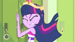 Size: 3410x1920 | Tagged: safe, derpibooru import, screencap, twilight sparkle, equestria girls, equestria girls (movie), bare shoulders, big crown thingy, element of magic, eyes closed, fall formal outfits, female, hallway, high res, jewelry, lockers, regalia, sleeveless, solo, strapless, twilight ball dress, upscaled