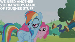 Size: 1280x720 | Tagged: safe, derpibooru import, edit, edited screencap, editor:quoterific, screencap, pinkie pie, rainbow dash, earth pony, pegasus, pony, griffon the brush off, season 1, duo, female, mare, open mouth, open smile, smiling, telescope