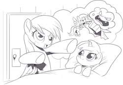 Size: 1468x1014 | Tagged: safe, artist:nauyaco, derpibooru import, derpy hooves, dinky hooves, pegasus, pony, unicorn, bipedal, duo, duo female, female, filly, foal, food, mare, monochrome, mother and child, mother and daughter, muffin, parent and child