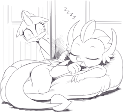 Size: 1718x1568 | Tagged: safe, artist:nauyaco, derpibooru import, ocellus, smolder, caught, cute, diaocelles, monochrome, sleeping, smolderbetes, thumb sucking