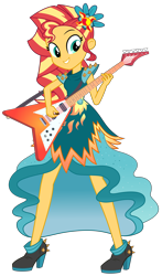 Size: 5438x9260 | Tagged: safe, artist:aureategramarye, derpibooru import, sunset shimmer, equestria girls, legend of everfree, .svg available, absurd resolution, clothes, crystal gala dress, dress, electric guitar, female, flying v, grin, guitar, musical instrument, simple background, smiling, solo, transparent background, vector