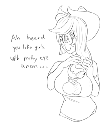 Size: 1803x2039 | Tagged: safe, artist:applephil, derpibooru import, applejack, cyclops, monster girl, equestria girls, applerack, breasts, dialogue, implied anon, lineart, species swap