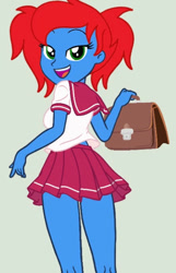 Size: 441x686 | Tagged: safe, artist:ry-bluepony1, artist:yaya54320bases, derpibooru import, oc, oc:radiant rail, equestria girls, bag, clothes, eyelashes, green background, looking at you, looking back, looking back at you, pigtails, school uniform, schoolgirl, simple background, skirt