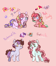 Size: 2400x2800 | Tagged: safe, artist:orphicswanart, derpibooru import, oc, oc:pink lady, oc:rickardite, oc:selenite, oc:whirling winds, earth pony, pegasus, pony, unicorn, alternate universe, au:chaoticverse, magical lesbian spawn, offspring, parent:apple bloom, parent:diamond tiara, parent:scootaloo, parent:snips, parent:sweetie belle, parent:toola roola, parents:diamondbloom, parents:scootaroola, parents:sweetiesnips, solo