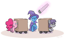 Size: 842x509 | Tagged: safe, artist:foudubulbe, derpibooru import, maud pie, pinkie pie, trixie, earth pony, pony, unicorn, box, box sawing trick, cape, clothes, eyes closed, glowing, glowing horn, hat, horn, levitation, magic, magic trick, saw, simple background, telekinesis, trick, trixie's cape, trixie's hat, white background