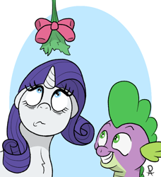 Size: 672x737 | Tagged: safe, artist:pony-thunder, derpibooru import, rarity, spike, dragon, pony, unicorn, grin, looking up, mistletoe, one sided shipping, shipping, smiling, this will end in kisses