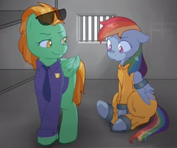 Size: 2448x2048 | Tagged: safe, artist:ponchik_art, derpibooru import, lightning dust, rainbow dash, bound wings, cell, clothes, cuffed, jail, looking down, never doubt rainbowdash69's involvement, prison, prison outfit, prisoner, prisoner rd, smiling, smirk, wing cuffs, wings