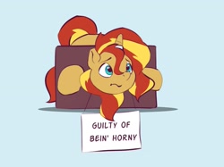 Size: 2003x1499 | Tagged: safe, artist:drafthoof, derpibooru import, part of a set, sunset glare, sunset shimmer, pony, unicorn, bondage, horn, horn ring, horny jail, magic suppression, male, pun, ring, rule 63, sign, solo, stocks