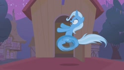 Size: 1280x720 | Tagged: safe, derpibooru import, screencap, trixie, pony, unicorn, boast busters, season 1, female, hooves, horn, house, mare, night, open mouth, outdoors, shadow, shrunken pupils, solo, tail, two toned mane, two toned tail, wheel o feet