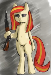 Size: 686x1011 | Tagged: safe, artist:seidouryu, derpibooru import, oc, oc:poniko, earth pony, pony, bipedal, female, glasses, gun, mare, terminator, weapon