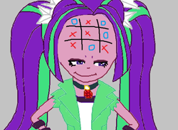 Size: 584x428 | Tagged: artist needed, safe, derpibooru import, aria blaze, equestria girls, 1000 hours in ms paint, female, gray background, ms paint, simple background, smiling, solo, tic tac toe, zimbabwe