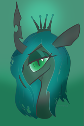 Size: 833x1250 | Tagged: safe, artist:nannynonads, derpibooru import, queen chrysalis, changeling, changeling queen, bust, female, green background, portrait, simple background, solo