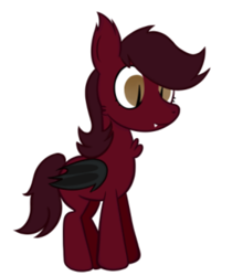 Size: 438x497 | Tagged: safe, artist:alandisc, derpibooru import, oc, oc only, oc:mary redd, bat pony, pony, bat eyes, bat wings, big eyes, blank flank, chest fluff, child, ear fluff, ears, eyelashes, fangs, female, filly, foal, folded wings, magical lesbian spawn, missing cutie mark, offspring, red, simple background, solo, white background, wings