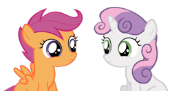 Size: 1102x588 | Tagged: safe, derpibooru import, edit, edited screencap, screencap, scootaloo, sweetie belle, pegasus, pony, unicorn, ask the crusaders, background removed, duo, duo female, female, filly, foal, green eyes, horn, looking at each other, looking at someone, not a vector, purple eyes, simple background, small wings, spread wings, transparent background, two toned mane, wings