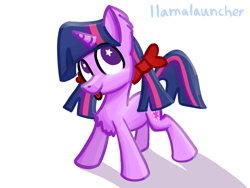 Size: 2160x1620 | Tagged: safe, artist:llamalauncher, derpibooru import, twilight sparkle, twilight sparkle (alicorn), alicorn, pony, :p, alternate hairstyle, bow, chest fluff, female, hair bow, hooves, horn, no pupils, pigtails, shadow, simple background, solo, standing, starry eyes, tongue, tongue out, twintails, white background, wingding eyes