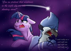 Size: 2200x1600 | Tagged: safe, artist:takutanuvataio, derpibooru import, twilight sparkle, bird, blue jay, pony, aeroplanes and meteor showers, airplanes (song), crossover, crossover shipping, crying, duo, female, male, meme, mordecai, mordetwi, night, open mouth, regular show, shipping, straight