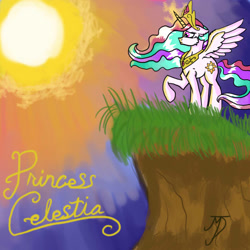 Size: 1024x1024 | Tagged: safe, artist:takutanuvataio, derpibooru import, princess celestia, alicorn, pony, cliff, female, glowing, glowing horn, horn, spread wings, sunrise, wings