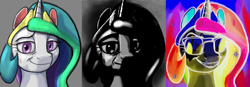 Size: 3196x1112 | Tagged: safe, artist:ciborgen, derpibooru import, princess celestia, alicorn, pony, bust, female, meme, mr. incredible, mr. incredible becoming uncanny, ponified, ponified meme, portrait, solo, sunglasses