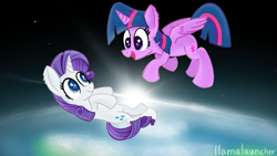 Size: 3840x2160 | Tagged: safe, artist:llamalauncher, derpibooru import, rarity, twilight sparkle, twilight sparkle (alicorn), alicorn, pony, unicorn, cute, duo, female, space