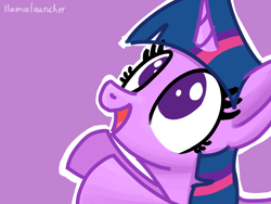 Size: 2048x1536 | Tagged: safe, artist:llamalauncher, derpibooru import, twilight sparkle, pony, cute, female, horn, mare, no pupils, open mouth, open smile, outline, purple background, signature, simple background, smiling, solo, white outline