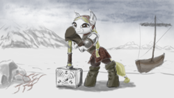 Size: 1920x1080 | Tagged: safe, artist:ciborgen, derpibooru import, oc, oc only, earth pony, pony, bipedal, bipedal leaning, boat, earth pony oc, female, hammer, hoof hold, leaning, ponified, ship, snow, solo, the witcher, viking