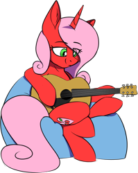 Size: 690x866 | Tagged: safe, artist:notetaker, derpibooru import, oc, oc only, oc:cherryheart, pony, unicorn, acoustic guitar, bean bag chair, female, guitar, mare, musical instrument, simple background, solo, transparent background