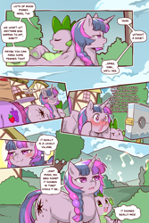 Size: 960x1440 | Tagged: safe, artist:cold-blooded-twilight, derpibooru import, berry punch, berryshine, spike, twilight sparkle, comic:cold storm, blushing, comic, dialogue, speech bubble, stocks