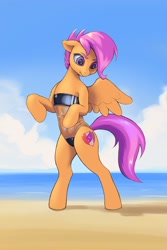 Size: 1200x1800 | Tagged: safe, artist:escdev, derpibooru import, scootaloo, pegasus, pony, beach, bipedal, clothes, cutie mark, female, filly, foal, gris swimsuit, one-piece swimsuit, see-through, swimsuit, the cmc's cutie marks