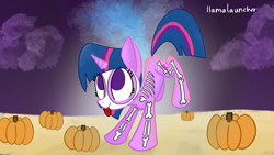 Size: 3840x2160 | Tagged: safe, artist:llamalauncher, derpibooru import, twilight sparkle, unicorn twilight, pony, unicorn, bone, female, halloween, holiday, pumpkin, skeleton, solo, tongue, tongue out