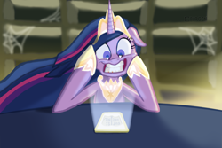 Size: 1920x1280 | Tagged: safe, artist:ciborgen, derpibooru import, princess twilight 2.0, twilight sparkle, twilight sparkle (alicorn), alicorn, pony, the last problem, bookshelf, cellphone, crown, female, future is now, jewelry, older, older twilight, phone, regalia, spider web, twilight snapple