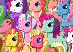 Size: 753x546 | Tagged: safe, derpibooru import, screencap, applejack (g3), cloud climber, coconut grove, cotton candy (g3), desert rose, gem blossom, peachy pie (g3), piccolo, earth pony, pony, g3, the princess promenade, adorablossom, bumblesweet (g3), climberbetes, crowd, cute, diacolo, disembodied head, earth pony cloud climber, earth pony coconut grove, everyone's a princess, female, fizzy pop (g3), forsythia (g3), g3 adorablepie, g3 bumbledorable, g3 cottoncandybetes, g3 fizzybetes, g3 forsythiabetes, g3 jackabetes, g3 rosabetes, grin, group, groveabetes, loop-de-la, loopdelabetes, mare, offscreen character, ponyville (g3), smiling, song