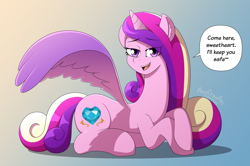 Size: 5956x3965 | Tagged: safe, artist:aarondrawsarts, derpibooru import, princess cadance, alicorn, pony, bedroom eyes, bronybait, commission, commissioner:reversalmushroom, dialogue, ear fluff, ears, female, gradient background, looking at you, lying down, mare, open mouth, open smile, prone, smiling, smiling at you, spread wings, talking to viewer, wings