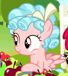 Size: 746x832 | Tagged: safe, derpibooru import, screencap, apple bloom, cozy glow, earth pony, pegasus, pony, marks for effort, spoiler:s08, animated, apple, bow, confused, cropped, curly hair, curly mane, female, fence, filly, foal, food, freckles, gif, pointing, solo focus, talking, wings