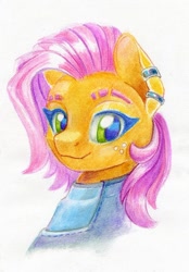 Size: 700x1007 | Tagged: safe, artist:maytee, derpibooru import, babs seed, earth pony, pony, bust, ear piercing, piercing, portrait, smiling, solo, traditional art