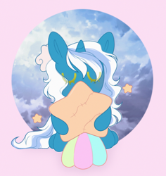 Size: 1112x1178 | Tagged: safe, artist:glimmermoon11, derpibooru import, comet tail, oc, oc:fleurbelle, alicorn, alicorn oc, bow, chibi, cute, eyes closed, female, hair bow, holding, horn, mare, sky, stars, wings