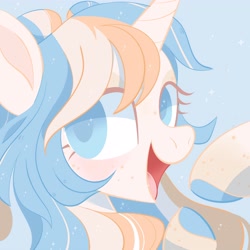 Size: 4500x4500 | Tagged: safe, artist:irusumau, derpibooru import, oc, oc only, oc:sleepy stars, pony, unicorn, blue background, blushing, bust, colored hooves, colored pupils, happy, hooves, horn, looking at you, multicolored mane, open mouth, portrait, simple background, solo, sparkles, stars, unicorn oc