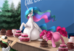 Size: 2732x1889 | Tagged: safe, artist:nsfwbonbon, derpibooru import, pinkie pie, princess celestia, oc, oc:verdant ardea, alicorn, earth pony, pony, belly, big belly, cake, cakelestia, eating contest, ethereal mane, ethereal tail, female, flowing mane, food, hungry, mare, preggy pie, preglestia, pregnant, referee, tail, this will end in colic, this will end in weight gain, tongue, tongue out