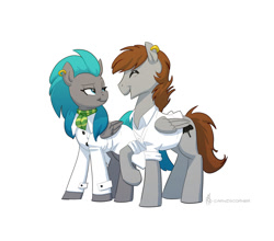 Size: 1024x900 | Tagged: safe, artist:carnifex, derpibooru import, oc, oc only, oc:blackburn, oc:lockwood, pegasus, pony, commission, crisis equestria, ear piercing, earring, eyes closed, female, jewelry, looking at each other, looking at someone, male, mare, open mouth, open smile, piercing, simple background, smiling, stallion, white background