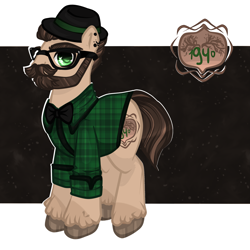Size: 2449x2449 | Tagged: safe, artist:ponsel, derpibooru import, oc, oc only, earth pony, pony, abstract background, beard, clothes, ear piercing, earth pony oc, facial hair, fedora, glasses, hat, hipster, male, piercing, solo, stallion, unshorn fetlocks