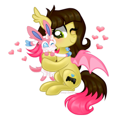 Size: 1087x1045 | Tagged: safe, artist:kaikururu, derpibooru import, oc, bat pony, pony, bat pony oc, bat wings, blushing, duo, female, heart, hug, mare, one eye closed, pokémon, simple background, sylveon, transparent background, wings, wink