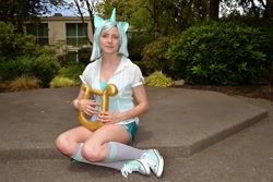 Size: 2448x1632 | Tagged: safe, derpibooru import, lyra heartstrings, human, clothes, converse, cosplay, costume, everfree northwest, everfree northwest 2014, irl, irl human, photo, shoes, sitting, solo