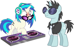 Size: 9440x6050 | Tagged: safe, artist:caliazian, artist:chainchomp2 edit, derpibooru import, edit, dj pon-3, neon lights, rising star, vinyl scratch, pony, unicorn, slice of life (episode), sweet and elite, .svg available, absurd resolution, background pony, blushing, clothes, female, headphones, male, mare, necktie, open mouth, shipping, shirt, simple background, smiling, stallion, straight, sunglasses, transparent background, turntable, vector, vector edit, vinylights
