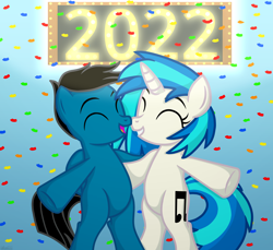 Size: 7200x6600 | Tagged: safe, artist:agkandphotomaker2000, derpibooru import, dj pon-3, vinyl scratch, oc, oc:pony video maker, pegasus, pony, unicorn, bipedal, canon x oc, eyes closed, female, folded wings, happy new year, happy new year 2022, holding each other, holiday, male, neon, neon sign, new year, open mouth, shipping, show accurate, sign, simple background, smiling, straight, videoscratch, wings