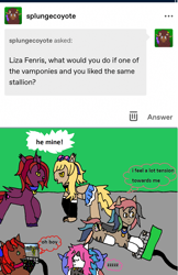 Size: 1174x1808 | Tagged: safe, artist:ask-luciavampire, derpibooru import, oc, earth pony, pony, undead, vampire, werewolf, ask, ask-ponys-gamer-club, crushing, tumblr