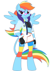 Size: 2048x2644 | Tagged: safe, artist:fotia-kouneli, derpibooru import, rainbow dash, anthro, pegasus, unguligrade anthro, clothes, fingerless gloves, gloves, jacket, leonine tail, midriff, nose bandaid, shorts, simple background, solo, tail, transparent background