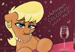 Size: 1944x1356 | Tagged: safe, artist:llametsul, derpibooru import, ms. harshwhinny, earth pony, pony, alcohol, bedroom eyes, blushing, bottle, chest fluff, colored, confetti, cougar, dialogue, drunk, ear piercing, earring, eyeshadow, female, glass, go home you're drunk, happy new year, heart, heart eyes, holiday, jewelry, lidded eyes, looking at you, makeup, mare, milf, necklace, pearl necklace, piercing, smiling, smiling at you, solo, text, wine, wine bottle, wine glass, wingding eyes