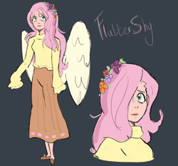 Size: 3297x3068 | Tagged: safe, artist:charrlll, derpibooru import, fluttershy, human, alternate hairstyle, blue background, clothes, cute, female, flats, floral head wreath, flower, hair over one eye, humanized, shoes, shyabetes, simple background, skirt, solo, sweater, sweatershy, winged humanization, wings